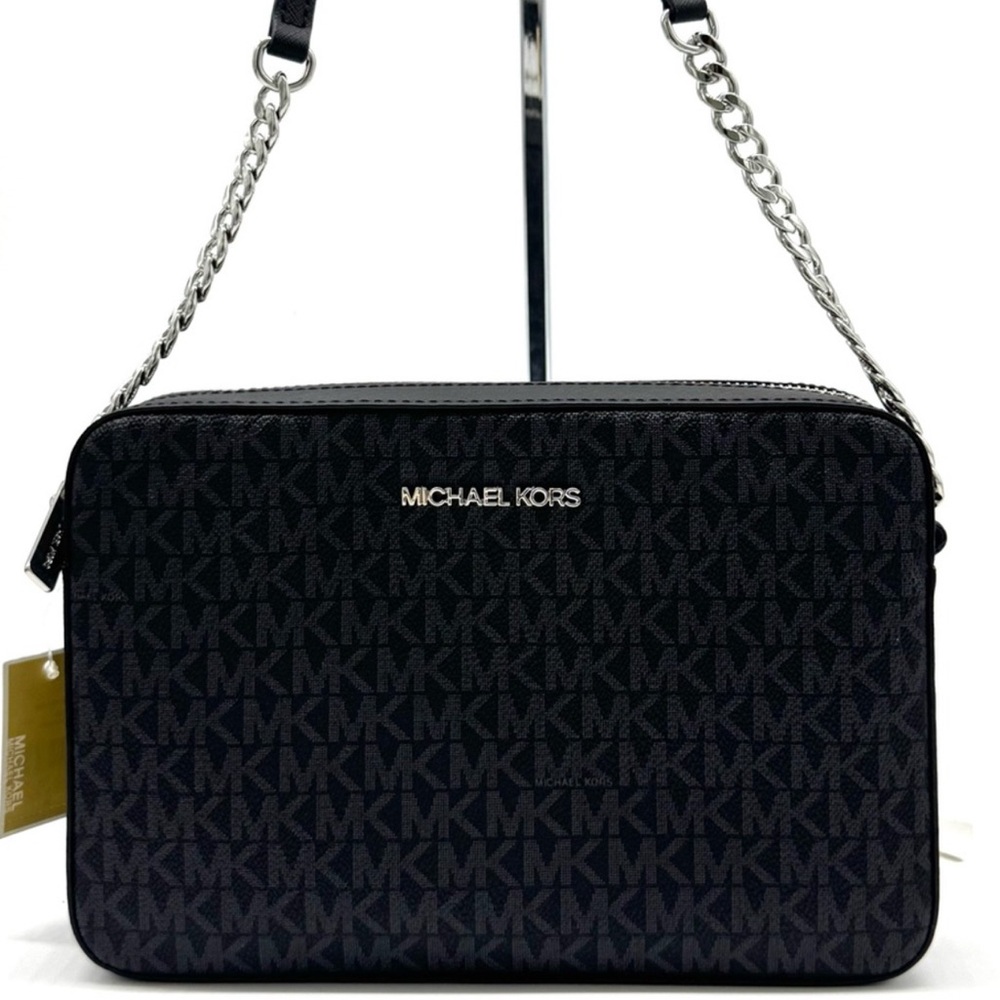 Michael Kors Large Jet Set Travel Signature Logo Crossbody Bag Black/Silver